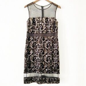 Scarlett Velvet Mesh Panel Metallic Filigree Dress Holiday Size 10 Glamorous